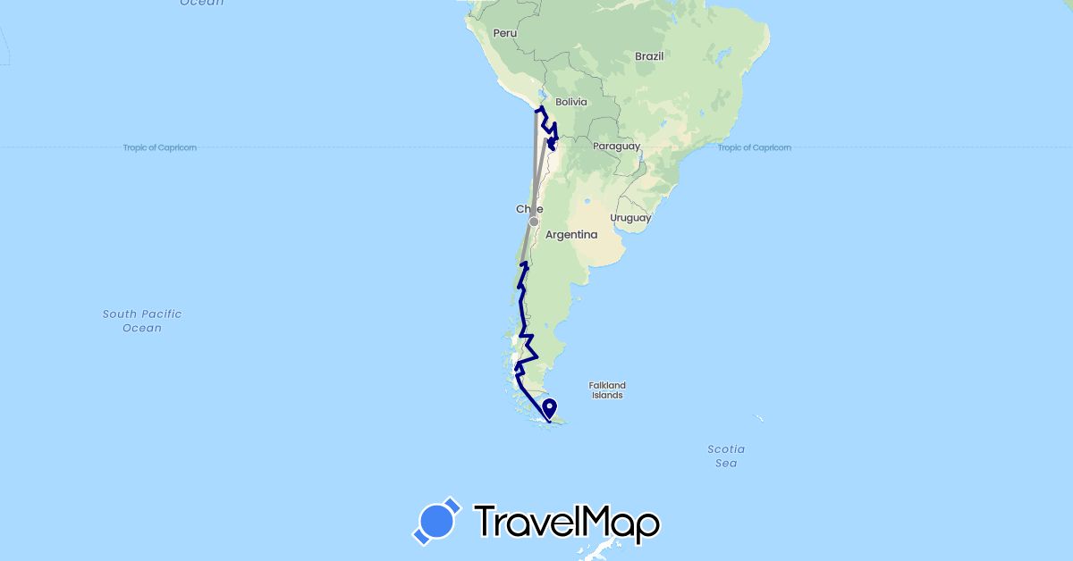 TravelMap itinerary: driving, plane in Argentina, Bolivia, Chile (South America)